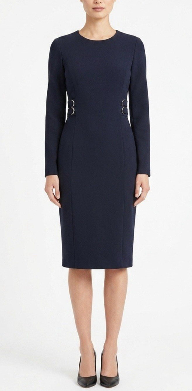 GOAT Sheath Dress Long Sleeve Wool Crepe Navy Blue Crew Neck Lined Back Zip 8 US